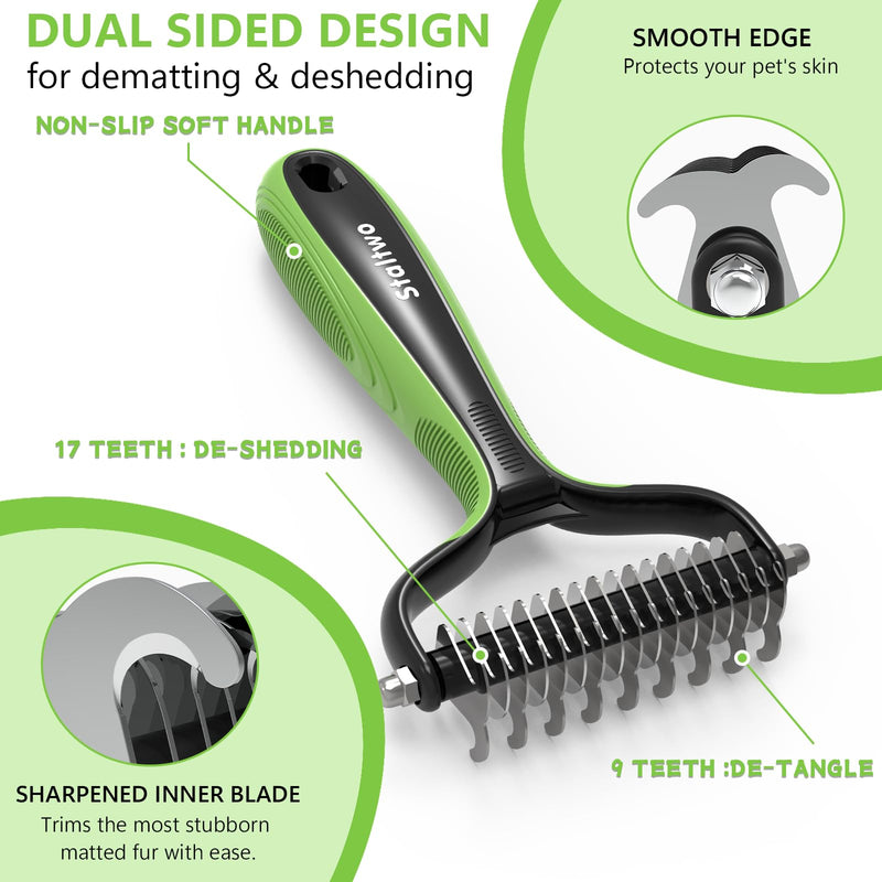 Pet Grooming Supplies - 2-in-1 Professional Undercoat Rake and Pet Brush | Shedding Control for Long Haired Dogs and Cats, Deshedding Tool, Furminator for Dogs, Green - BeesActive Australia