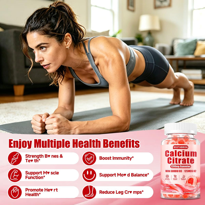 Calcium 1200 mg with Vitamin D3 Gummies: Calcium Citrate Gummies | Extra Strength with Vegan Vitamin D3 5000IU K2 125mcg - Organic Chewable Sugar Free - Easy to Digest for Adults (120Count) Strawberry 60 Count (Pack of 2)