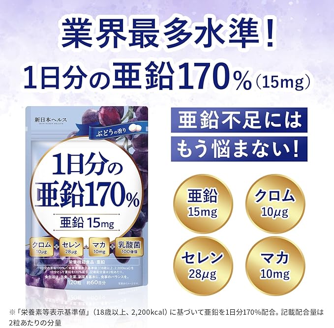1 day's worth of zinc 170% Zinc 15mg Maca 10mg Chromium 10μg Selenium 28μg 10 billion lactic acid bacteria 120 tablets 60 days High combination 5 carefully selected ingredients Functional nutrition food Domestic GMP manufacturing Shin Nippon Health - BeesActive Australia