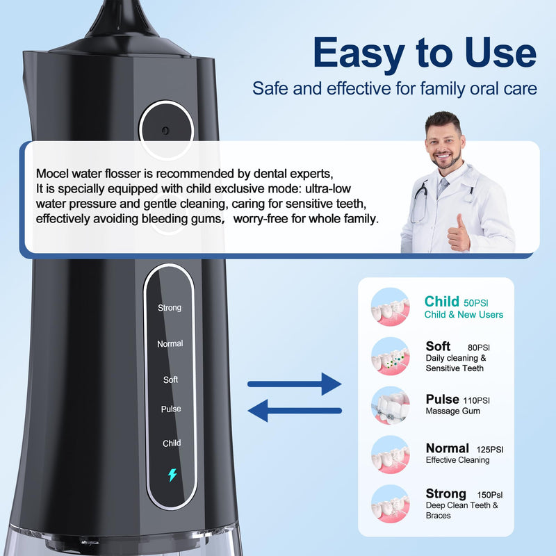 Water Dental Flosser OLED Display Cordless Teeth Cleaning MOCEL 5 Modes Oral Irrigator 300ML Portable and USB C Rechargeable IPX7 Waterproof Floss Teeth Pick (Black) Black