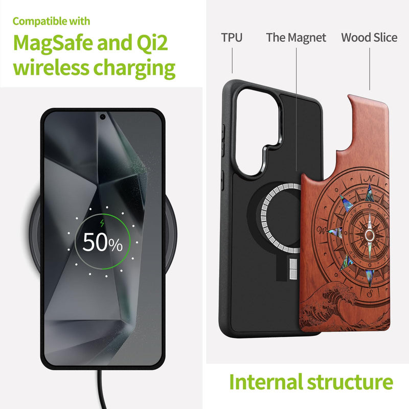 Carveit Magnetic Wooden Case for Samsung Galaxy S26 Ultra Case, Wood Artisan Engraved & Handmade Shell Inlaid, Compatible with MagSafe Wireless Chargers (Wave Compass) Rosy Wave Compass-Rosy