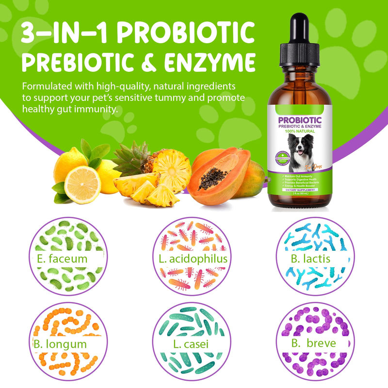 Dog Probiotics, Dog Probiotics Supplement, 3 in 1 Probiotic Drops for Dogs with Prebiotic and Enzymes, Help Digestive Support Gut Health, for All Dogs Ages