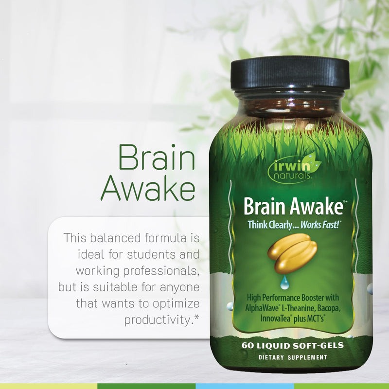Irwin Naturals Brain Awake Focus & Concentration | Mental Clarity & Cognitive Performance Support | Bacopa + AlphaWave L-Theanine | 60 Liquid Soft-Gels 60 Count (Pack of 1)