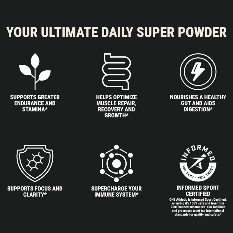 ON3 Athletic Daily Greens & Superfood Blend with Chlorella, 5 Servings | Daily Drink for Immunity Boost | Plant-Based, 60+ Nutrients, Vitamins, Probiotics Herbal 3 Ounce (Pack of 1)