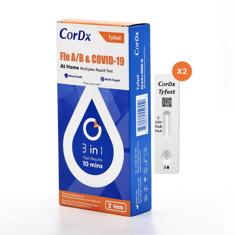 CorDx TyFast at Home Flu A/B & COVID-19 Multiplex Rapid Test Kit, Easy, Accurate, Fast Results in 10 Minutes, 3 in 1 Combo Kit, 2 Tests