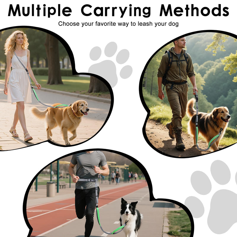 Hands Free Dog Leash, 8.2 FT Waist Leash for Walking, Jogging, Hiking, Adjustable Crossbody Belt with Double Padded Handles, Bungee Car Seatbelt Design for Medium Large Dogs, Gray + Green