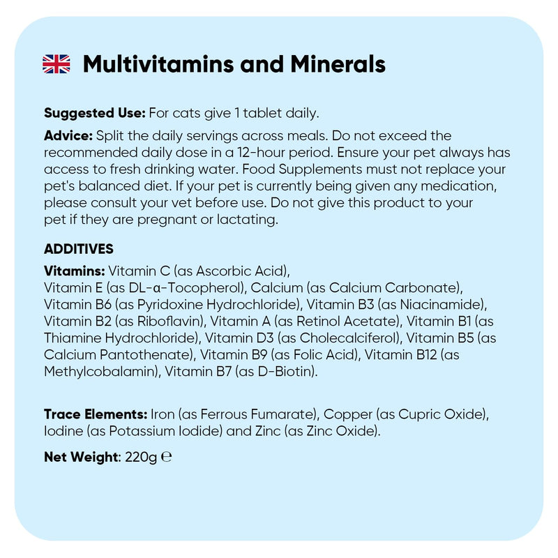 Multivitamins and Minerals for Cats - 365 Chicken-Flavoured Tablets - With 18 Vitamins & Minerals - Supports Natural Immunity - Easy to Crush Tablets - Suitable for Cats of All Breeds