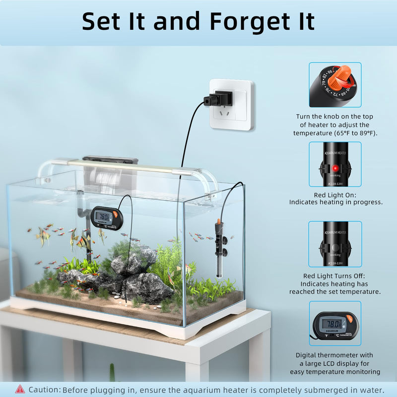 HiTauing Aquarium Heater 25W/50W/100W/200W/300W, Adjustable Knob Fish Tank Heater with Digital Thermometer, Submersible Betta/Turtle Tank Heater for Freshwater and Saltwater Tanks 50W for 5-10 gallon - BeesActive Australia