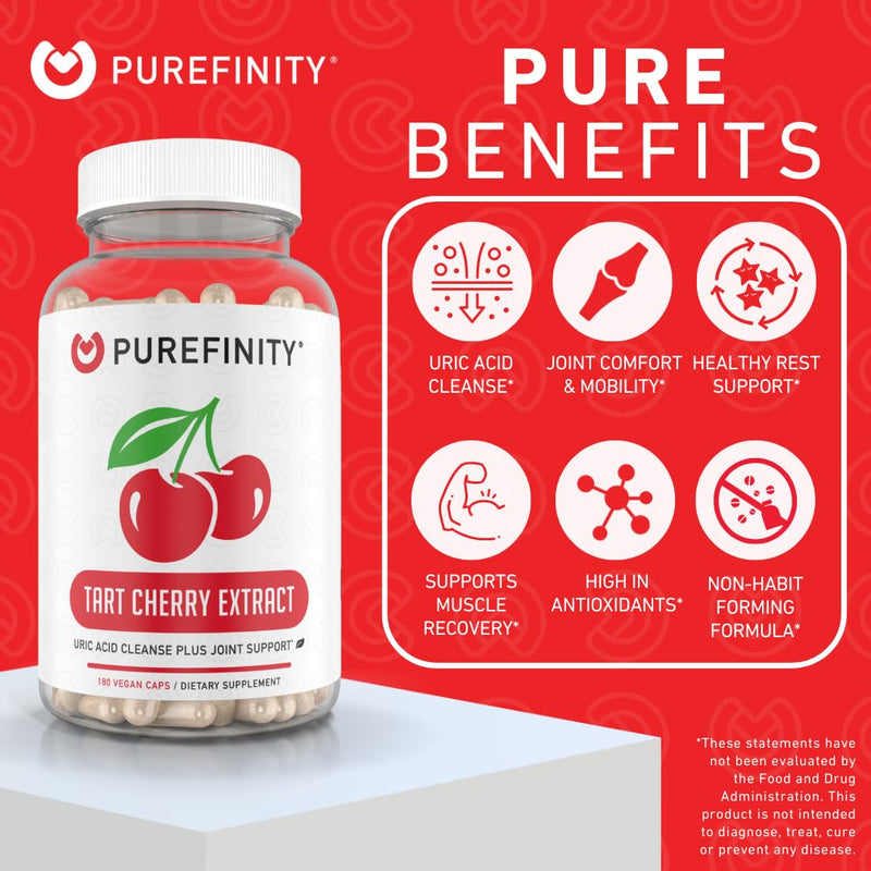 Tart Cherry Capsules, Uric Acid Flush Extract for Joints, 180ct | 6 Month Supply of Concentrated Tart Cherry Extract for Uric Acid Crystal Flush for Joint Recovery Support & Cleanse, Non-GMO 180 Count (Pack of 1)