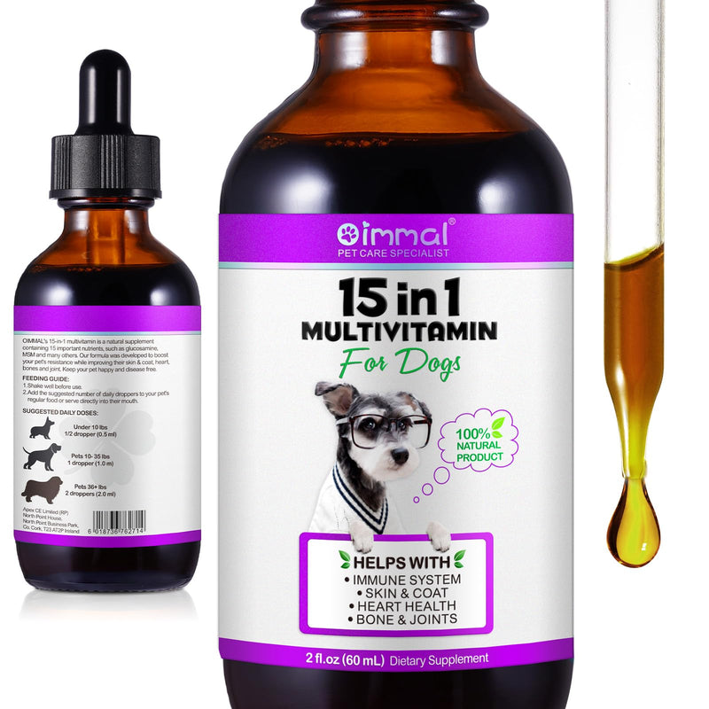 Dog Vitamins, 15 In 1 Dogs Multivitamin Liquid Drops - Contains Glucosamine And Msm, Consolidate Health, Stabilise Sensitive Reactions, Activate Cellular Vitality, Nourish Coat And Skin 60Ml