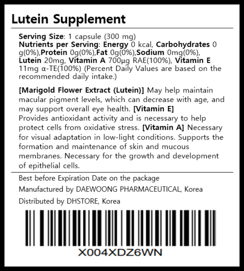 Lutein Supplement with Vitamin A & Vitamin E, Daily Softgel | Eye Wellness Support, Plant-Based Marigold Extract, 20mg Lutein Per Serving, 30-Day Supply, Made in Korea