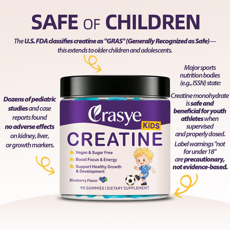 Creatine Gummies for Kids and Teens with Vitamin B12 | Sugar Free Creatine Monohydrate Gummy Support Children Growth Blueberry Flavor 90 Gummies