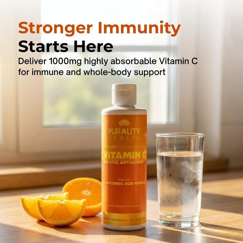 Purality Health Liposomal VitaminC 1000mg Liquid for Immune Support, 8 Floz | Micelle Enhanced Absorption Formula | Antioxidant Aid | Non-GMO, Gluten Free, Vegan | 15 Day Supply, USA Made Drops