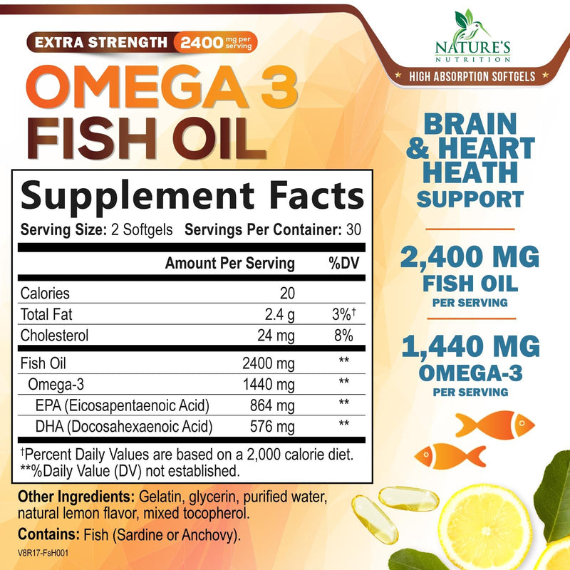 Omega 3 Fish Oil Supplements - 2400mg Fish Oil Per Serving - Triple Strength Omega-3 with EPA & DHA Fatty Acids - Natural Heart, Brain & Immune Support - Wild Caught, Bottled in USA - 60 Softgels 60 Count (Pack of 1)