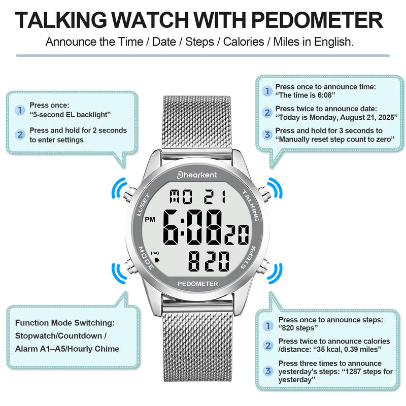 Hearkent Digital Talking Watch with Pedometer,Announces time/Date/Steps/Calories in English,Gift for Elderly,Blind&Visually impaired,5 Alarm Reminders+Hourly Chime,EL Backlight Silver Mesh Strap