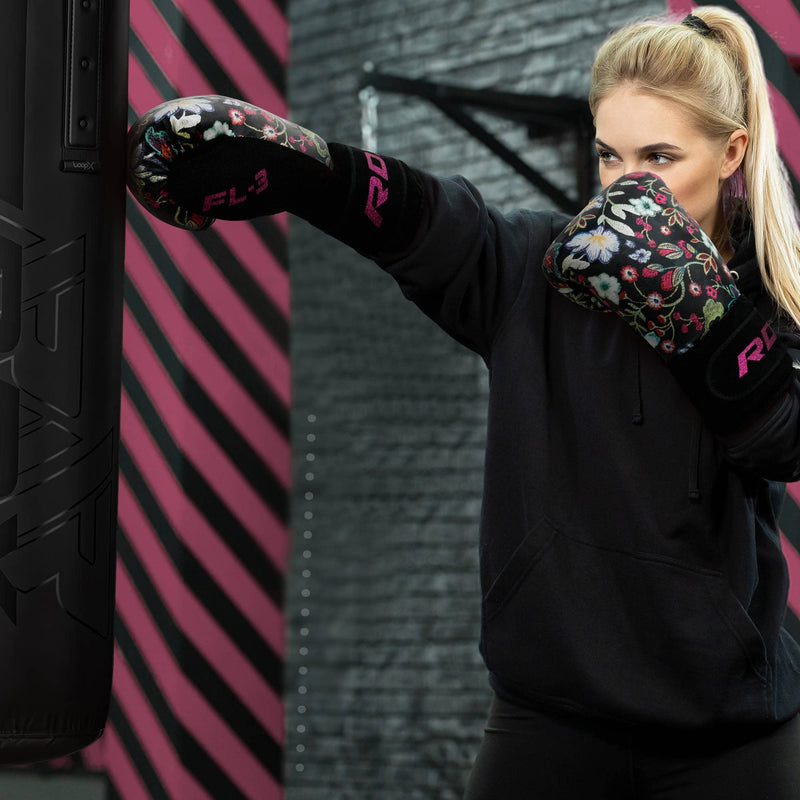 RDX Women Boxing Gloves for Training Muay Thai Flora Skin Ladies Mitts for Sparring, Fighting Kickboxing Good for Punch Bag, Focus Pads and Double End Ball Punching Black 10 oz - BeesActive Australia