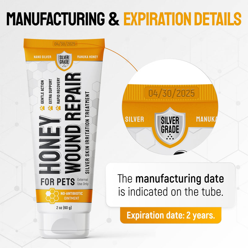 Hot Spot Treatment For Dogs & Cats to Help with Scratches, Cuts, Bites – Set of Honey Wound Repair Ointment in Gel Form + 2 Bandages – Horse & Dog Wound Care with Silver & Honey – All Pets Care – 2 Oz Honey gel - 2 Fl Oz
