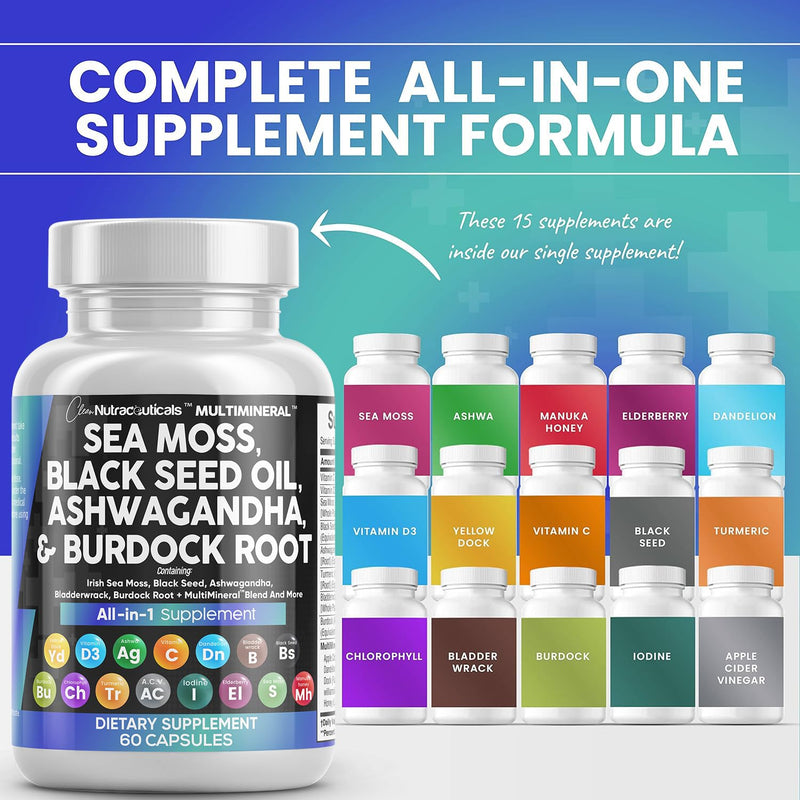 Sea Moss 3000mg Black Seed Oil 2000mg Ashwagandha 1000mg Turmeric 1000mg Bladderwrack 1000mg Burdock & Vitamin C Vitamin D3 with Elderberry Manuka Dandelion Yellow Dock Iodine Chlorophyll ACV - 2Pack - BeesActive Australia