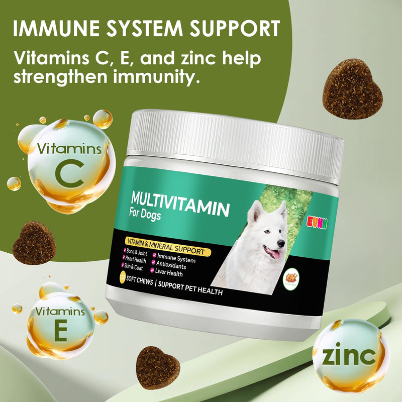 Multivitamin for Dogs，Dog Multivitamin Chews with Essential Vitamins & Minerals - Skin & Coat Health, Immune Support, Heart & Liver Care, Chicken Flavor, 120 Count