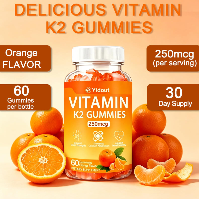 Vitamin K2 Gummies Orange Flavor, Bone & Heart Wellness Support for Adults 60 Count (Pack of 1)
