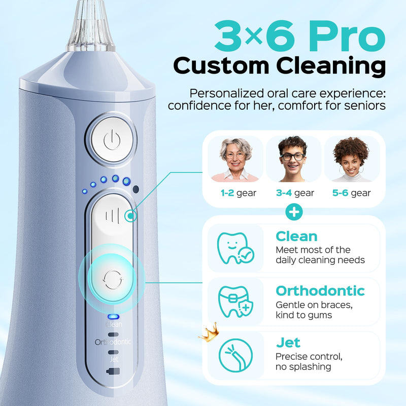 COSLUS C51 Portable Water Flosser for Teeth: 3 Modes & 6 Pressure Settings with Jet Mode Water Dental Pick for Orthodontic, Braces, Sensitive Gums, Compact for Travel, 300ML for Multiple Users, Blue