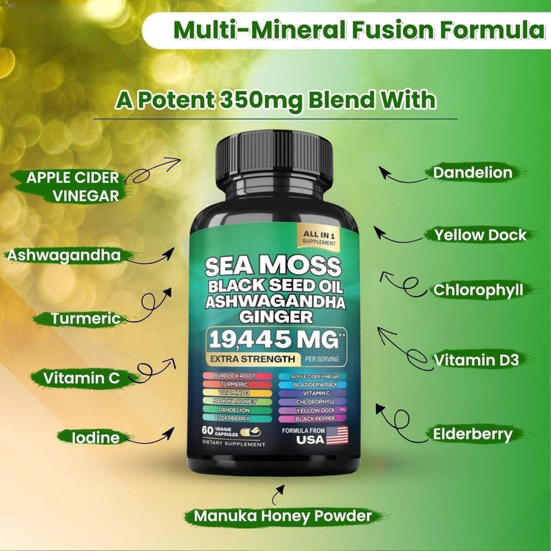 Sea Moss Black Seed Oil Ashwagandha Ginger Capsules with Turmeric Bladderwrack Burdock & Vitamin C Vitamin D3 with Elderberry Manuka Dandelion Yellow Dock Iodine Chlorophyll ACV