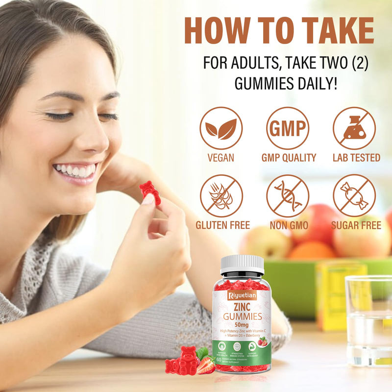 Zinc Gummies 50mg - Vitamin C, D3 & Elderberry, Echinacea, Zinc Immune Health Gummies, Non-GMO, Natural Antioxidant Supplements for Men & Women, Vegan 2 Pack 2pack