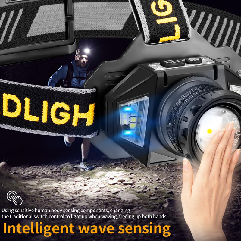NAKCNM High Lumens Rechargeable Headlamp with Motion Sensor, 12 Modes & Zoomable Beam - Waterproof LED Head Light for Hunting, Camping, Car Repair (Warm/Red Light) - BeesActive Australia