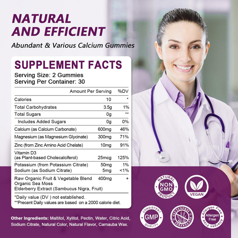 Calcium Magnesium Zinc with Vitamin D3 Supplement, Highly Absorbent Calcium Gummies with 300mg Magnesium glycinate Support Bone & Teeth, Muscle for Adults and Teens,Sugar Free, Vegan - 60 Count Elderberry 60 Count (Pack of 1)