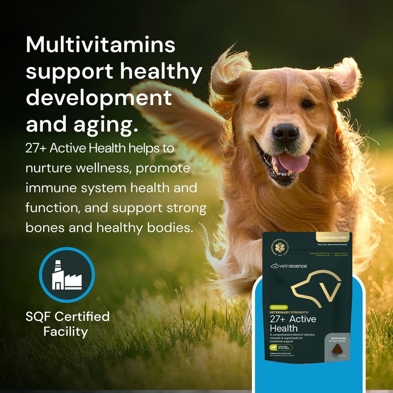 VetriScience Veterinary Strength 27+ Active Health Chews - Comprehensive Dog Multivitamin for Dog Health & Wellness - Digestive Support - Duck Flavor - 60 Count 60 Chews