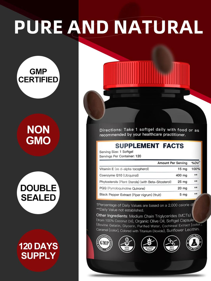 DRFOSTER Ubiquinol CoQ10 400mg Softgels, with PQQ & Vitamin E, 120 Servings | Active Ubiquinol, Coq10 400mg, Black Pepper for Max Absorption, Allergen-Free, Powerful Antioxidant, Brain & Energy Support 120 Count (Pack of 1)