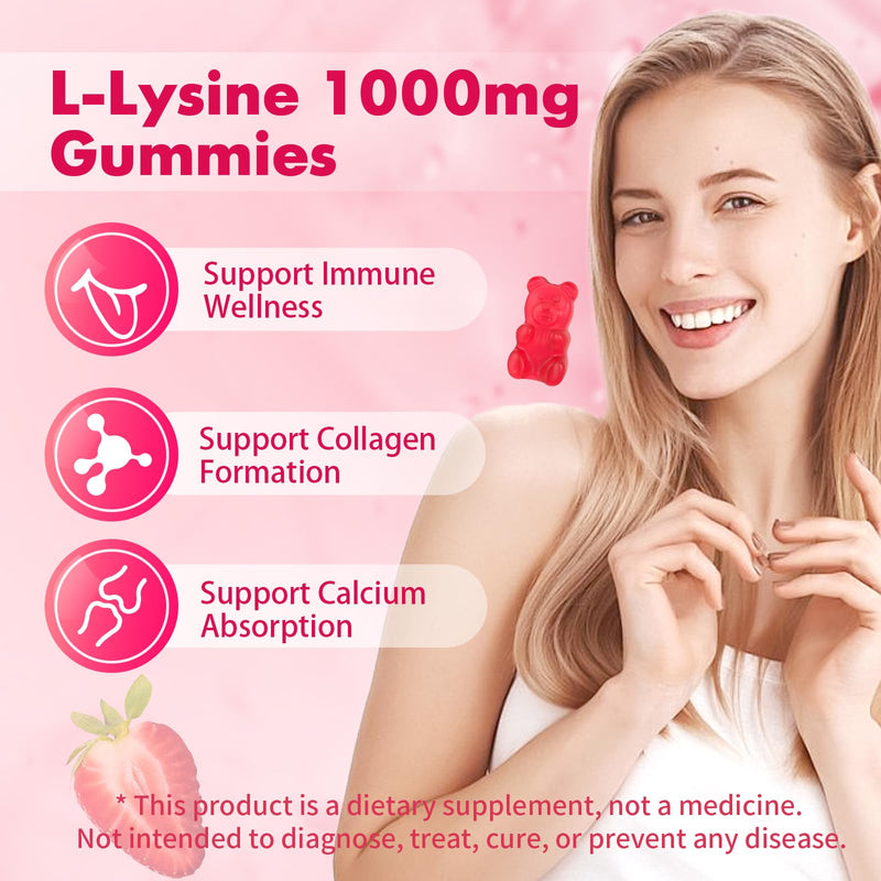 L-Lysine 1000mg Gummies, Chewable Lysine Supplement for Adults & Kids Immune Support, Essential Amino Acid, Vegetarian, Non-GMO, Sugar-Free, Gluten Free, Strawberry Flavor, 120 Counts 60 Count (Pack of 2)