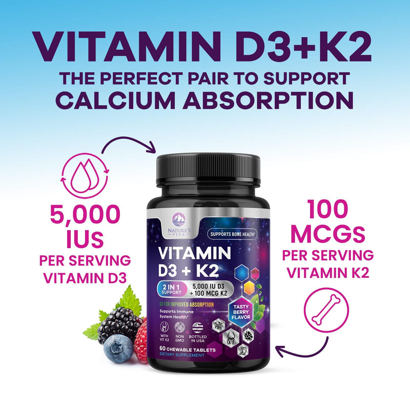 Vitamin D3 K2 - 5000 IU Vitamin D3 & 100 mcg Vitamin K2 MK-7 per Serving - Bone, Heart, & Immune Health Support - Calcium Absorption - D3K2 Berry Chew, Gluten Free, Non-GMO, Bottled USA - 60 Tablets 60 Count (Pack of 1)