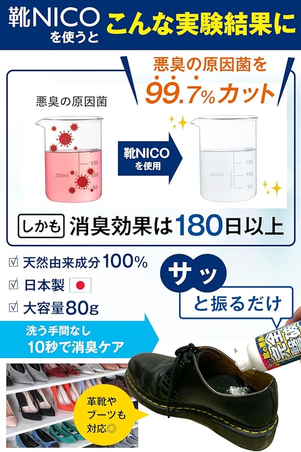 NICO Shoes Deodorizing (1 Second Before Going Out) Deodorizing [Cuts 99.7%] [Made in Japan] Large Capacity 2.8 oz (80 g) Odor Eliminating Powder, Disinfectant, Fragrance-Free - BeesActive Australia