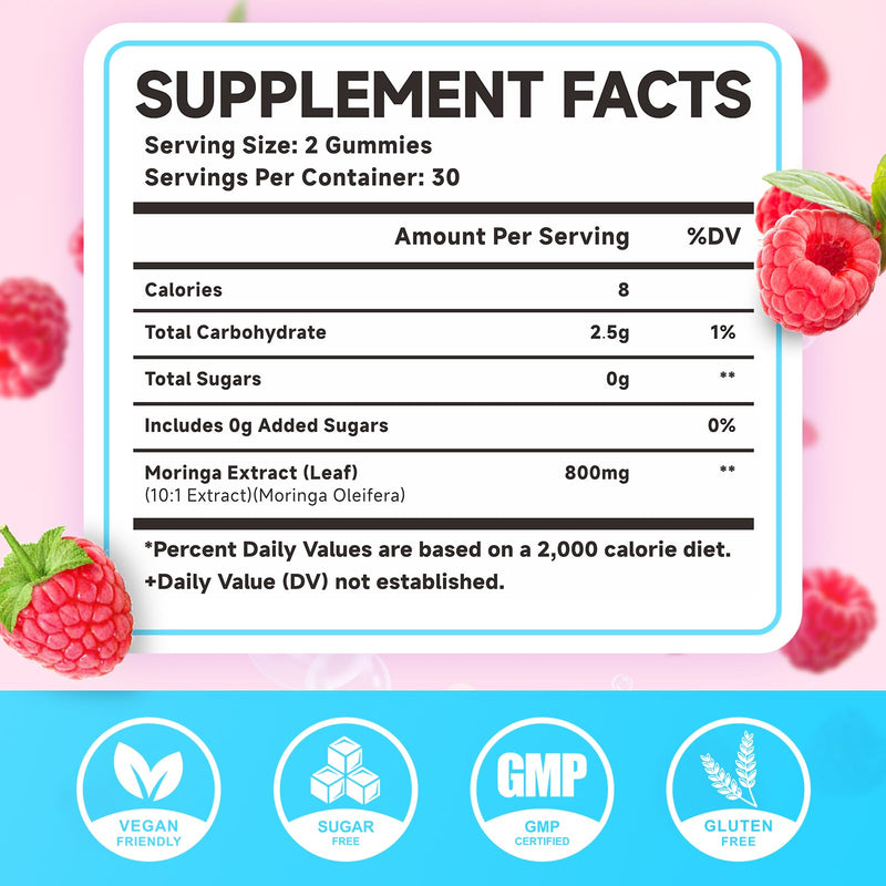 MEENCCD 2 Pack Moringa Gummies - Pure Moringa Leaf Supplement, 120 Ct | Contains Essential Vitamins, Antioxidants & Amino Acids, Raspberry Flavor 60 Count (Pack of 2)
