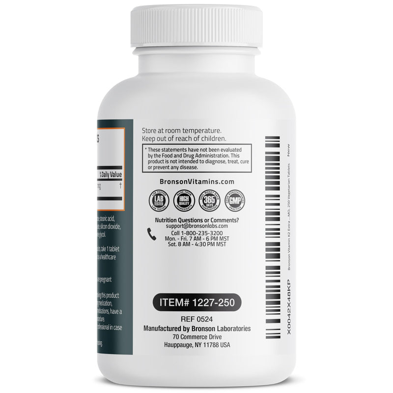Bronson Vitamin K2 MK-7 200mcg Extra Strength, 250 Vegetarian Tablets 250 Count (Pack of 1) - BeesActive Australia