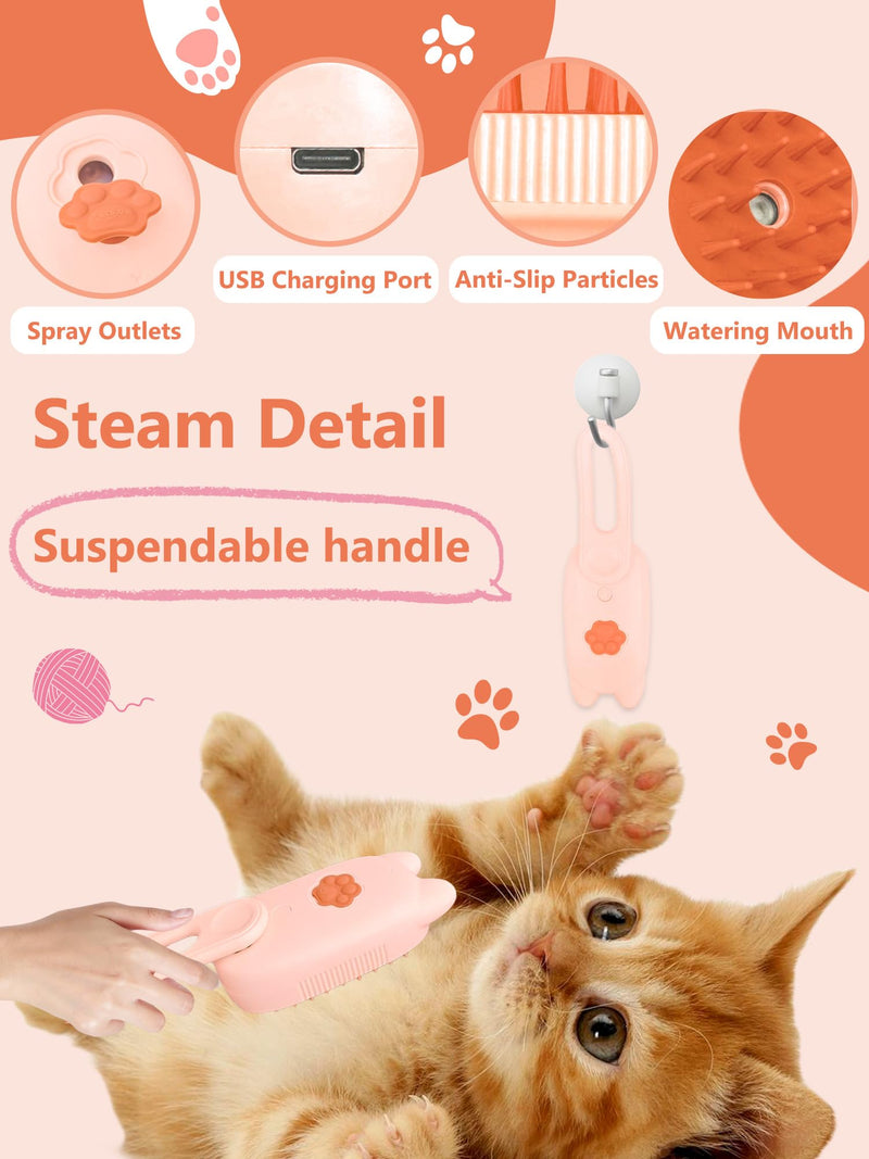 Cat Steam Brush, Rechargeable Steamy Pet Grooming Brush For Shedding, Silicone Water Spray Massage Brush, Cat Hair Removal Brush Self Cleaning Brush Steamer Wet Cat Spa Brush Cat Comb (Pink) - BeesActive Australia