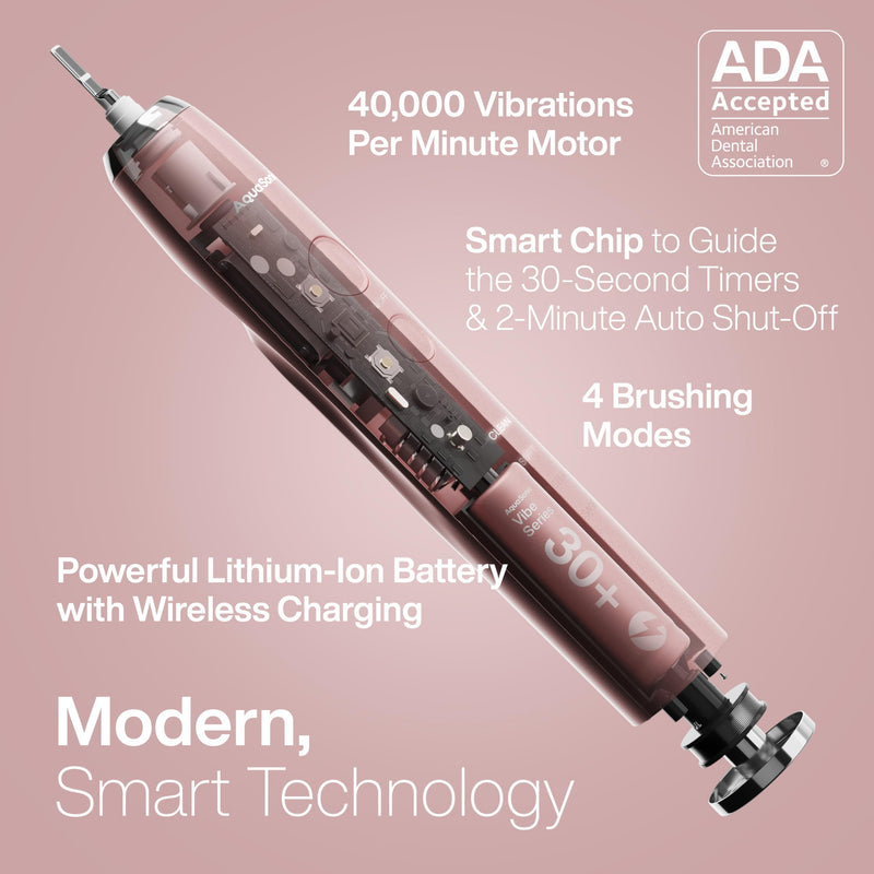 Aquasonic Vibe Series Ultra-Whitening Toothbrush – ADA Accepted Electric Toothbrush - 8 Brush Heads & Travel Case – 40,000 VPM Motor & Wireless Charging - 4 Modes w Smart Timer – Satin Rose Gold - BeesActive Australia