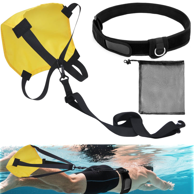 Adjustable Swim Parachute Belt - Resistance Training Stationary Swimming Belts Set for Swimmers Build Speed & Endurance for Pool, Ocean Water Yellow