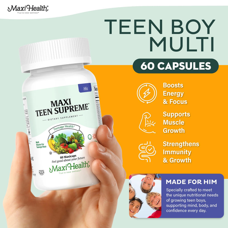 Maxi Health® Teen Vitamins for Boys 12-17, Teen Multivitamin (60 Count) | D3, Iron, Calcium & Enzymes | Energy, Brain & Mood Support | Kosher | Vegetarian · Non-GMO | Doctor Formulated Unflavored Boys 60 Count (Pack of 1)