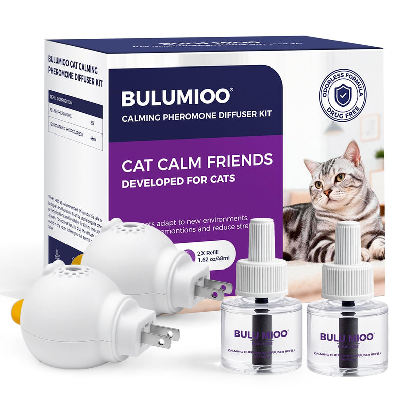 Cat Calming Pheromone Diffuser Set (Dual Zone Coverage) – 2 Diffusers + 2 x 48ml Refills – Helps Reduce Urine Spraying, Scratching & Fighting – Unscented Stress Relief for Multi-Room Homes