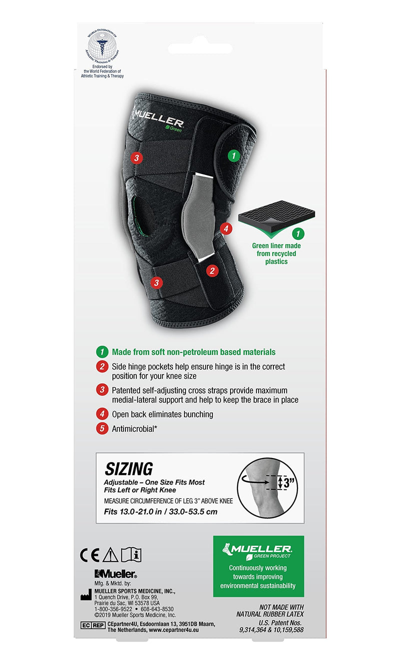 MUELLER Sports Medicine Green Self-Adjusting Hinged Knee Brace, Knee Pain Relief Support for Men and Women, Ideal for Arthritis, Sprains, Black, One Size