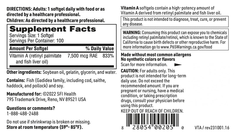 Klaire Labs Vitamin A - High Potency 25000 IU Dose (7,500mcg RAE) from Fish Liver Oil, Preformed Retinol Form (100 Softgels) - BeesActive Australia