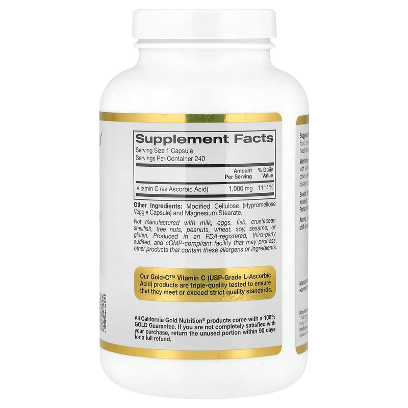 California Gold Nutrition Gold C USP Grade Vitamin C Supplement - Immune Support & Seasonal Wellness - Vegetarian Friendly - Gluten Free, Non-GMO - 1000 mg - 240 Veggie Capsules | 240 Veggie Capsules, USP Grade, Immune Support & Seasonal Wellness, Vege...