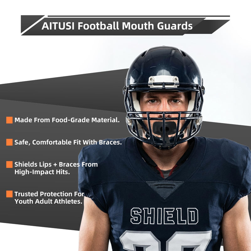 4 Pack Football Mouth Guards with Strap - Breathable Lip Protector Mouthpiece with Case for Football Players, Comfortable Wide Opening Design (Black/White/Blue/Green) - Perfect for Youth & Adult
