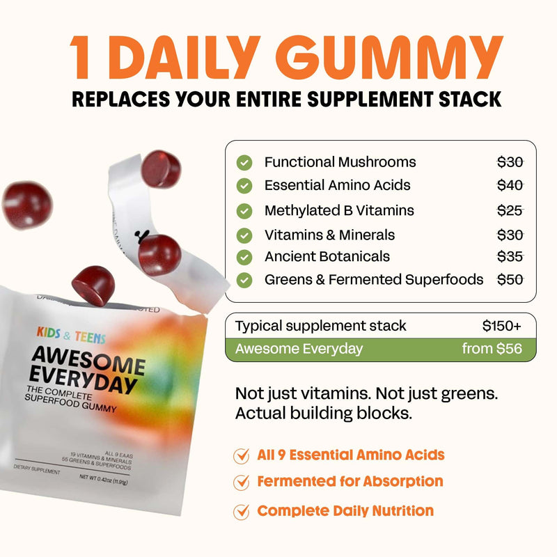 Awesome Everyday - Essential Daily Nutrition Gummies - Kids - 10 Count | Contains 9 Essential Amino Acids, Features 19+ Vitamins and Minerals, Has 55+ Fermented Superfoods and Greens Blend Kids & Teens 10 Count (Pack of 1)