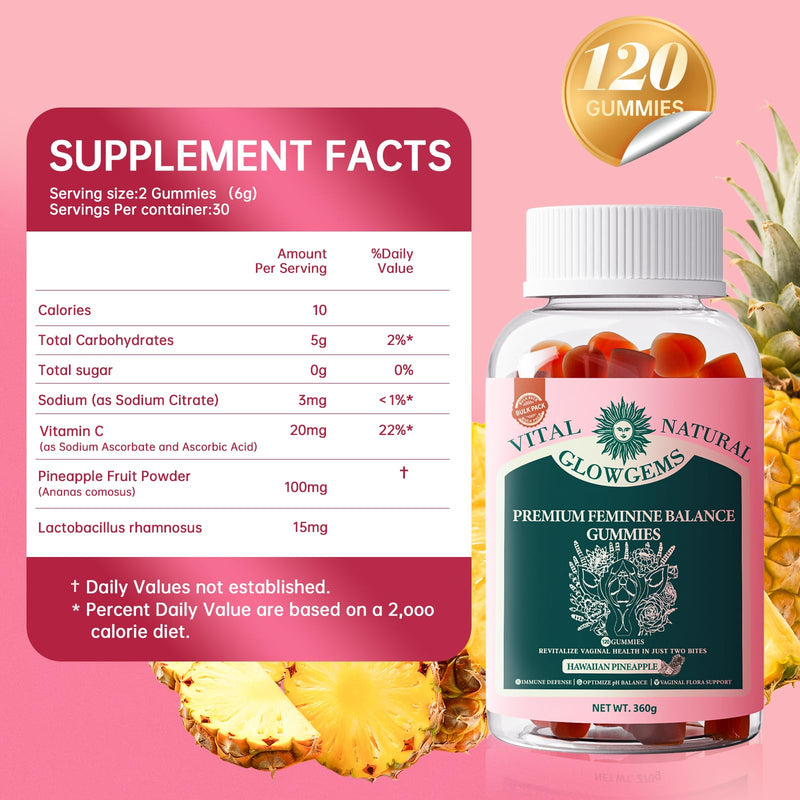 Vital Natural Feminine Balance Gummies, pH Balance & Immune Support, Hawaiian Pineapple Flavor, 120 Count (60 Servings), Vegan Probiotic Supplement for Women’s Intimate Health 1 Count (Pack of 120)