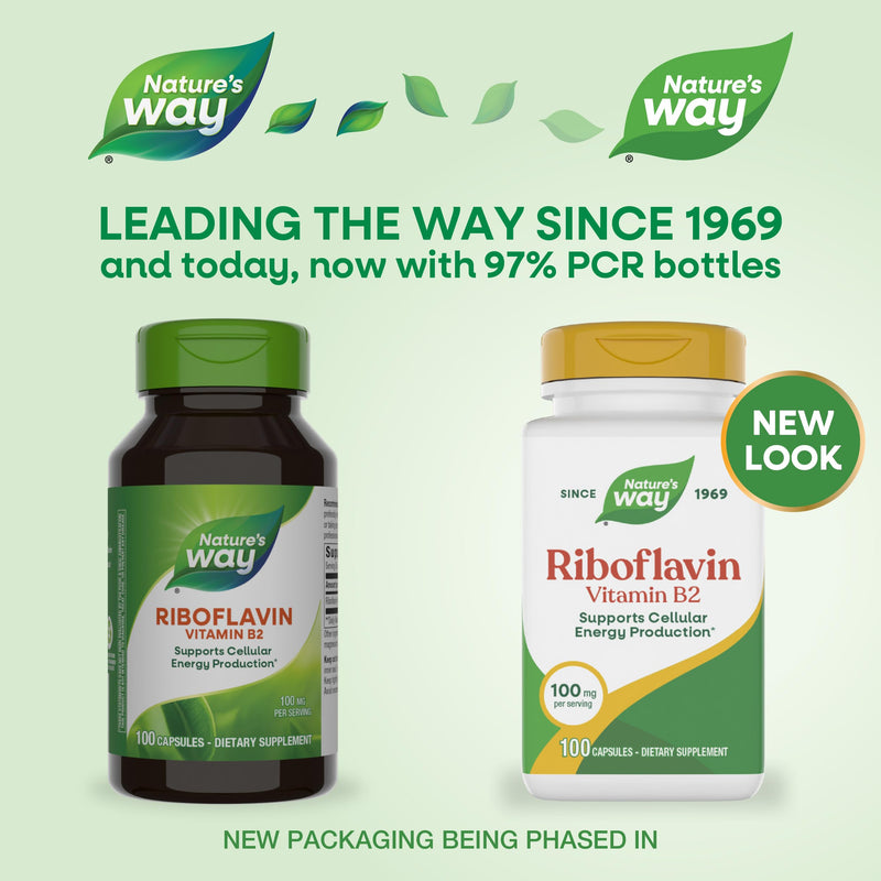 Nature's Way Riboflavin Vitamin B2, Cellular Energy Support*, 100 ct | 100 mg Riboflavin Per 1-Capsule Serving; Supports Cellular Energy Metabolism*; Made Without Gluten, Dairy, or Soy 100 Count (Pack of 1)