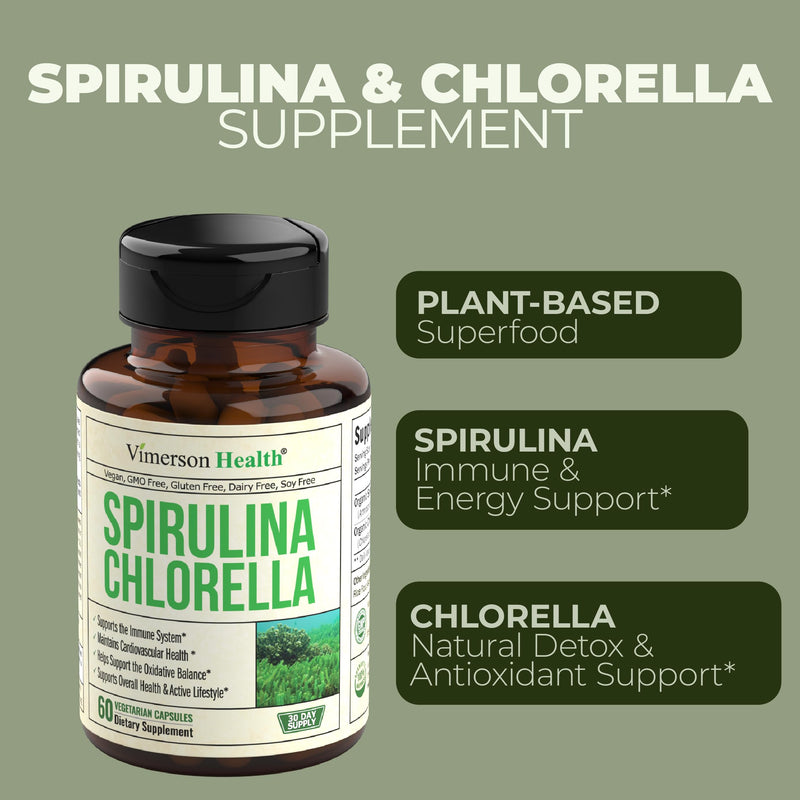 Organic Spirulina and Chlorella Capsules - Spirulina Capsules with Chlorella Powder for Immune, Antioxidant & Energy Support. Nutritious Super Green. Vegan & Non-GMO. Third Party Tested. 60 Caps