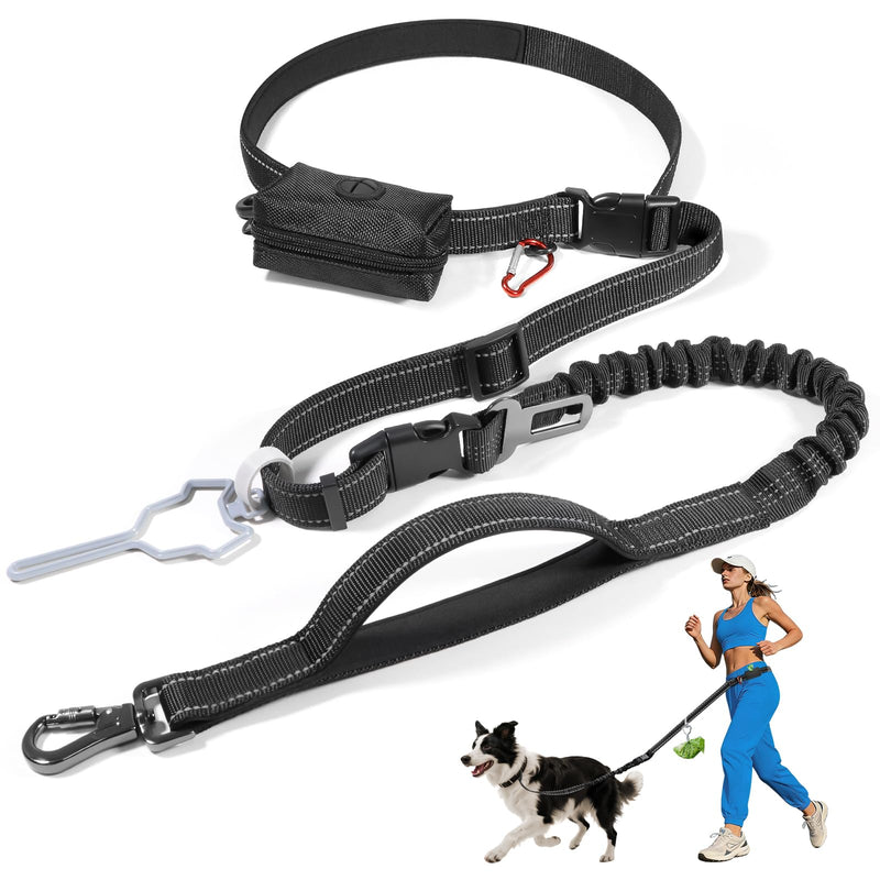 Hands Free Dog Leash 4-in-1, Adjustable 4–6 ft Waist & Crossbody Leash with Seat Belt Clip & Poop Bag Holder, Reflective & Heavy-Duty for Running, Walking, Hiking, Training Black
